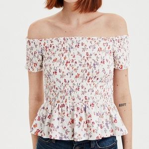 American Eagle Over The Shoulder Smocked Top